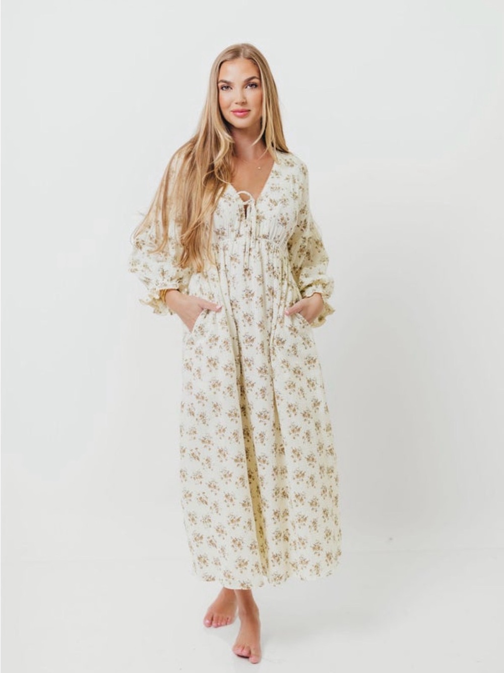 Worth Collective Cream Floral Maxi Dress with Tie Neck